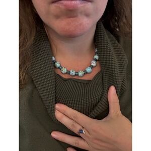 Vintage Floral Ceramic Bead Necklace Turquoise Glass Bronze Barrel Clasp